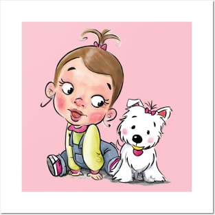 Little girl and westie puppy Posters and Art